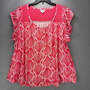 Crown & Ivy Top Women's 2X Plus Coral Cotton Knit Crochet Trim Seashells Beachy